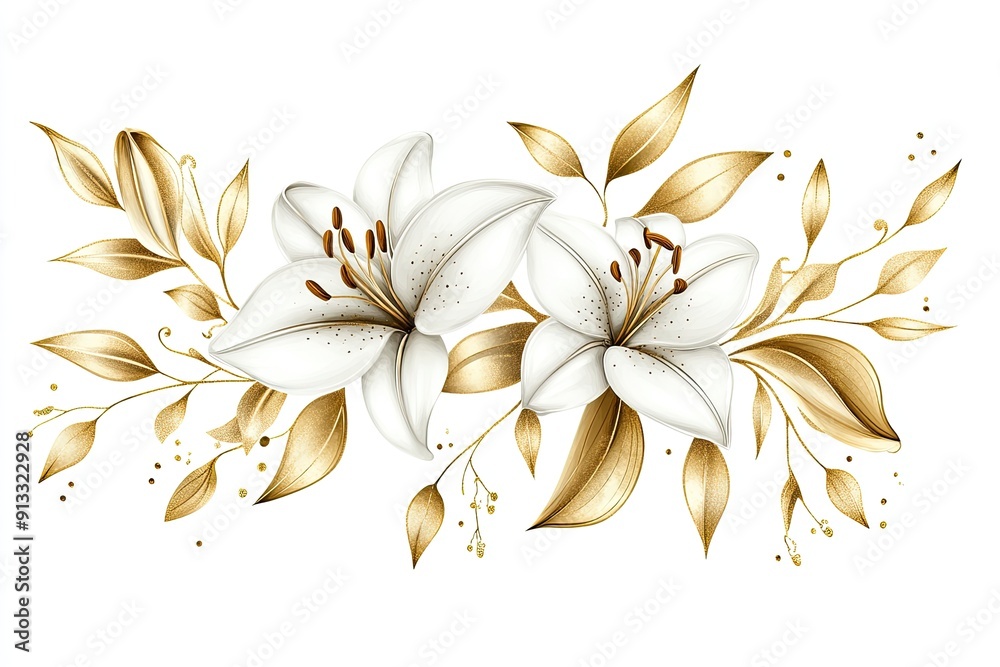 Fototapeta premium Two white lilies with golden leaves. Perfect for wedding invitations, floral arrangements, or romantic projects.