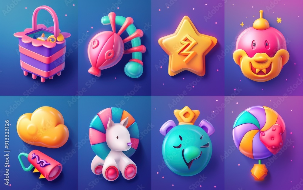 3D Rendered Cartoon Icons with Gradient Backgrounds 3D Rendered Cartoon Icons with Gradient Backgrounds