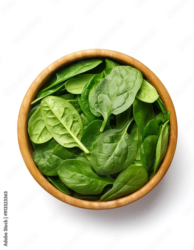 Spinach in wooden bowl isolated on white background Spinach in wooden bowl isolated on white background