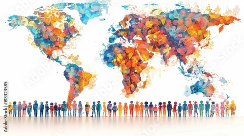 A large and diverse group of people on the background of a world map. World Population Day. Illustration