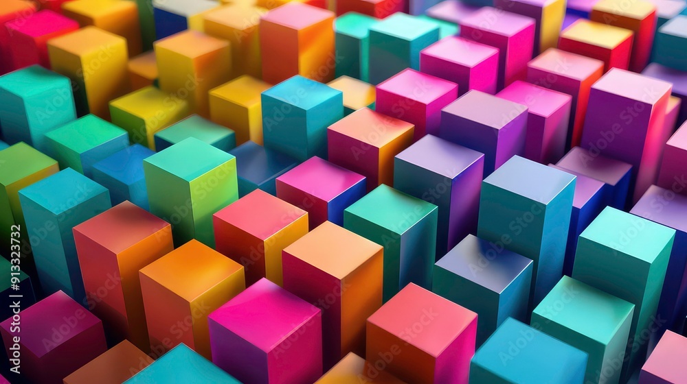Obraz premium A close-up view of a colorful abstract pattern of various sized cubes, with a depth of field effect.