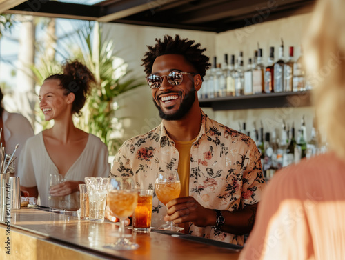 Multiracial group of friends having drinks, wine and cocktails, Happy different young people having fun in restaurant cafe bar. Youth lifestyle concept with guys and girls enjoying day out together photo