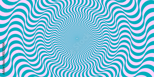 Optical illusion background. Blue and pink abstract distorted wavy lines surface. Radial waves poster design. Trippy sunburst illusion wallpaper. Vector spinning hypnotic illustration