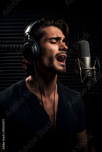 man standing next to microphone singing in the studio, singer studio work singing