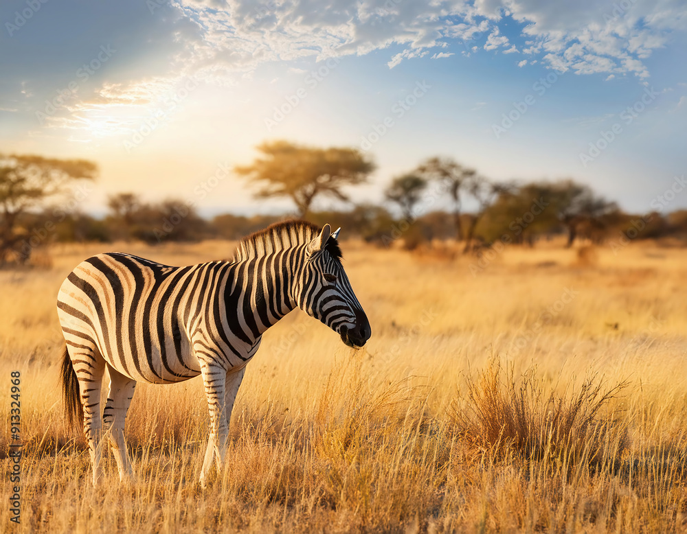 Naklejka premium A cute zebra standing on yellow grass while grazing on sunny day in savanna
