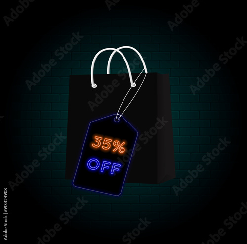 35% off. thirty-five percent off. neon style. Shopping bag. big offer, sale, special offer tag. sticker, tag, banner, advertising, offer icon. brick wall background. photo