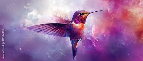 A vibrant watercolor painting of a hummingbird in flight against a purple and pink background with soft, textured brush strokes.