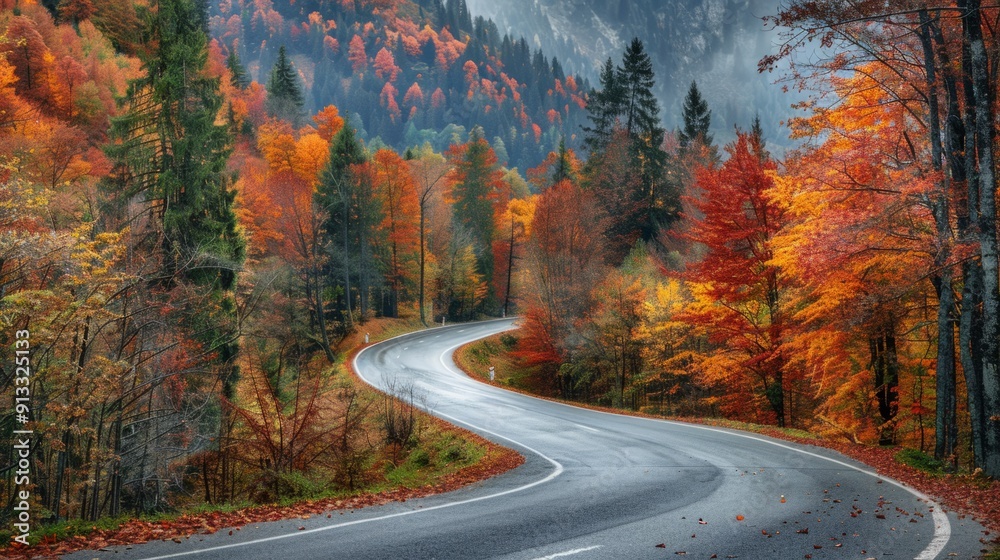 Fototapeta premium Winding road with a mix of autumn colors in the mountain forest generative ai