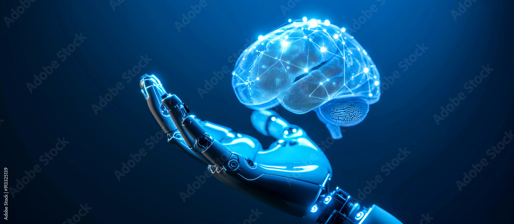 A robotic hand gently cradles a glowing brain with the shimmering ...