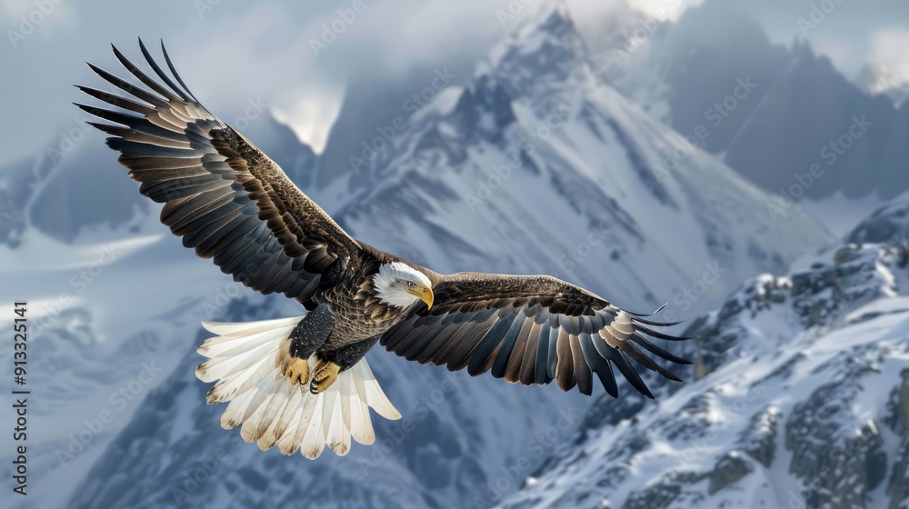 Naklejka premium Bald Eagle Soaring Over Snowy Mountains