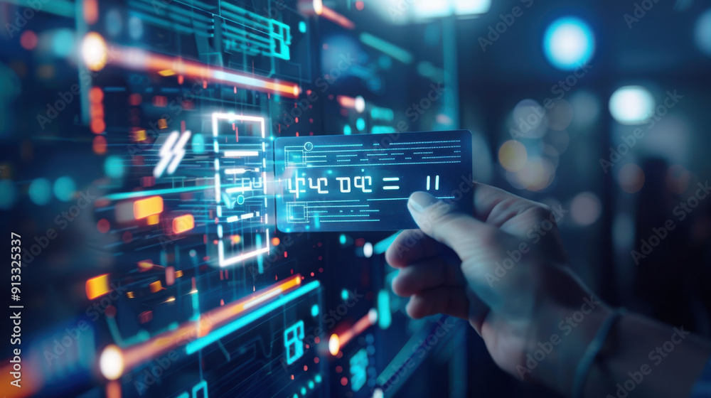 Person verifying a secure online payment with a credit card on a digital interface, fintech, internet banking, verification tick symbol