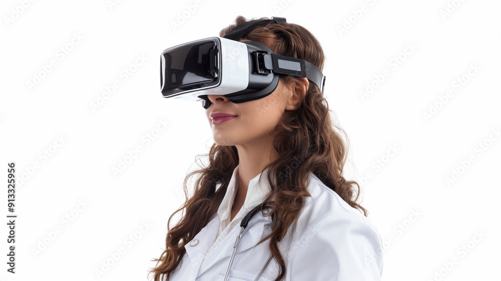 Female doctor wearing virtual reality glasses on white background Female doctor wearing virtual reality glasses on white background