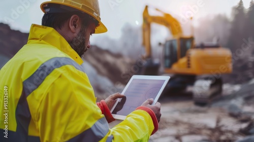 Construction worker using tablet in front of an excavator photo