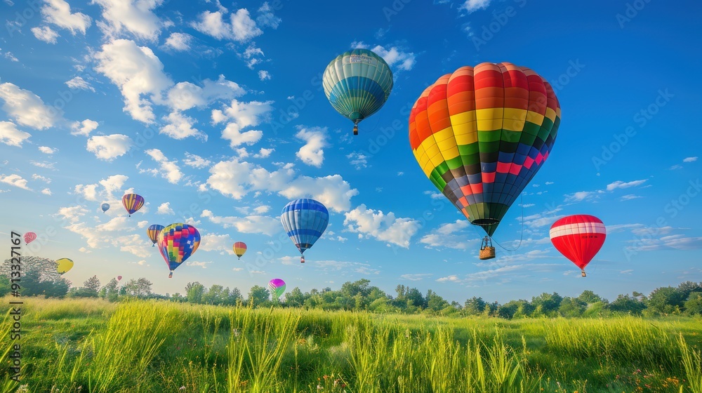 Fototapeta premium Colorful Hot Air Balloons Soaring Over a Green Field and Blue Sky with White Clouds