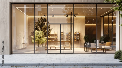 A storefront with glass doors and a tree growing inside, possibly used for an office or retail space photo