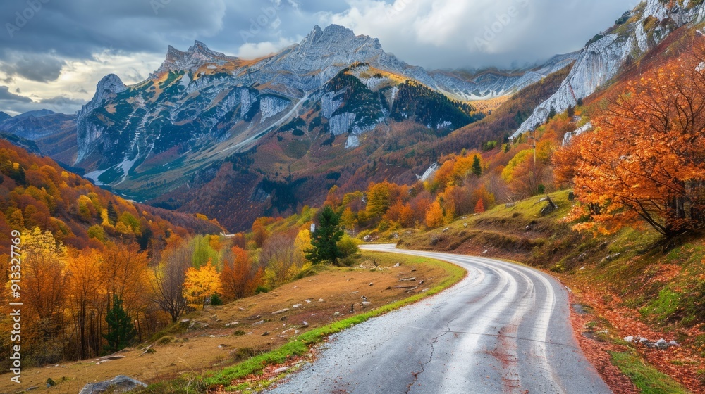Winding road with autumn colors in the mountain wilderness generative ai Winding road with autumn colors in the mountain wilderness generative ai