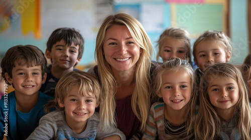 A Teacher Surrounded by Happy Children in a Classroom