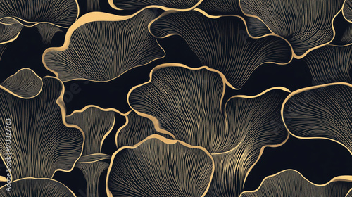 Seamless oyster mushroom line art wallpaper pattern. Luxury natural hand drawn oyster mushroom pattern design in minimalist linear contour style for fabric, wallcovering, banner, invitation.
