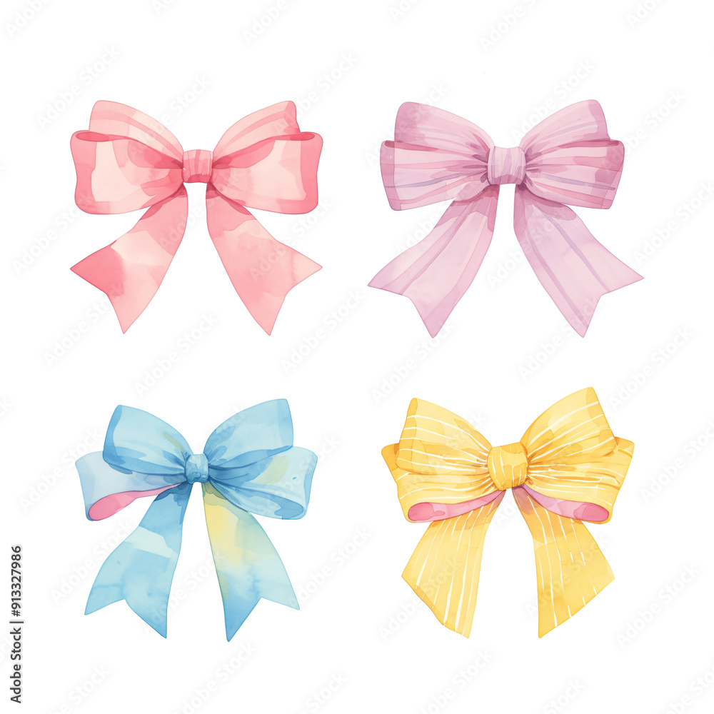 Set of colorful coquette satin ribbon bows isolated on transparent background. Collection of watercolor elegant retro accessory in pastel colors. Elements for design Set of colorful coquette satin ribbon bows isolated on transparent background. Collection of watercolor elegant retro accessory in pastel colors. Elements for design