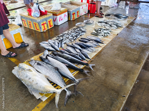 piles of various types of fresh raw fish caught by fishermen and sold at traditional markets. photo