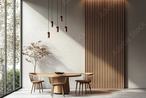 Minimalist dining room with wooden accents. This photo showcases a modern and elegant dining room interior design. photo