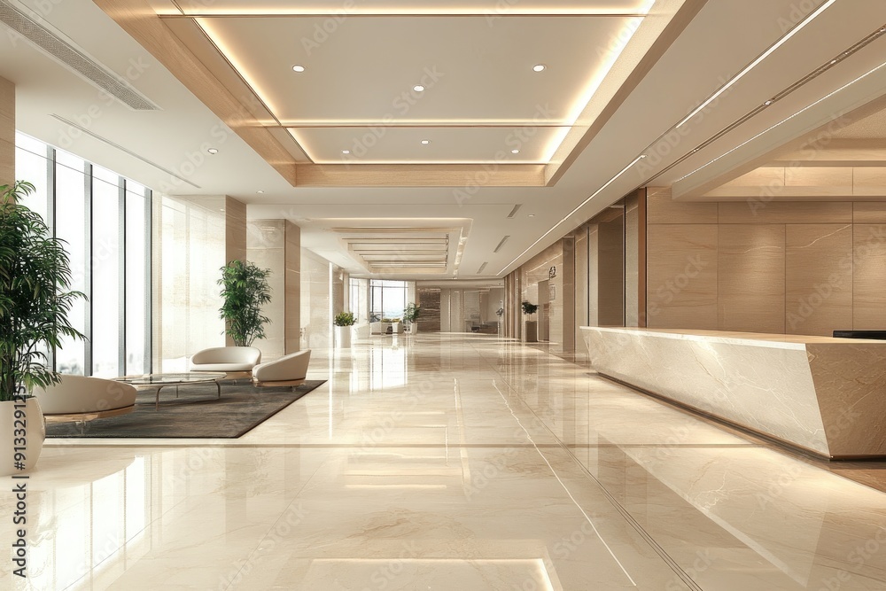 Fototapeta premium Empty lobby with modern design. This photo can be used to represent a luxury hotel, business building, or other public space.