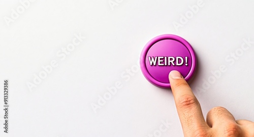 Finger pushing a vibrant purple 'WEIRD!' button on a clean white backdrop with ample copy space for personalization or text. 