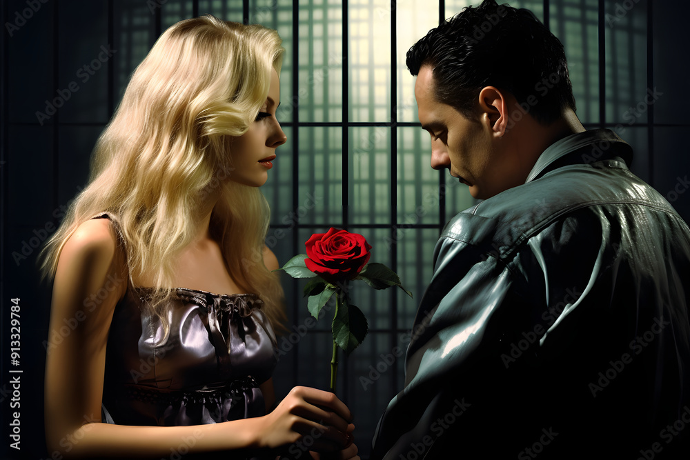 prisoner giving a woman a red rose behind bars, couple in prison, prison lover, couple, marriage