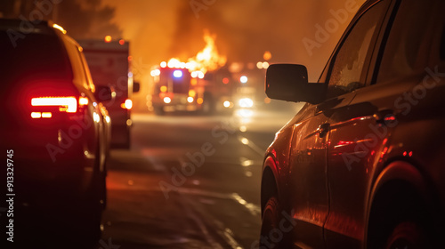 Car accident on fire background banner panorama. Burning flames with smoke development and black silhouette of fire truck and cars on highway