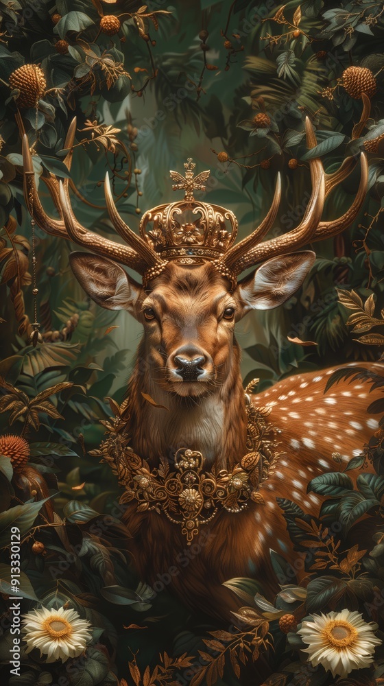 A Fawn Crowned with Gold in a Lush Green Forest A Fawn Crowned with Gold in a Lush Green Forest