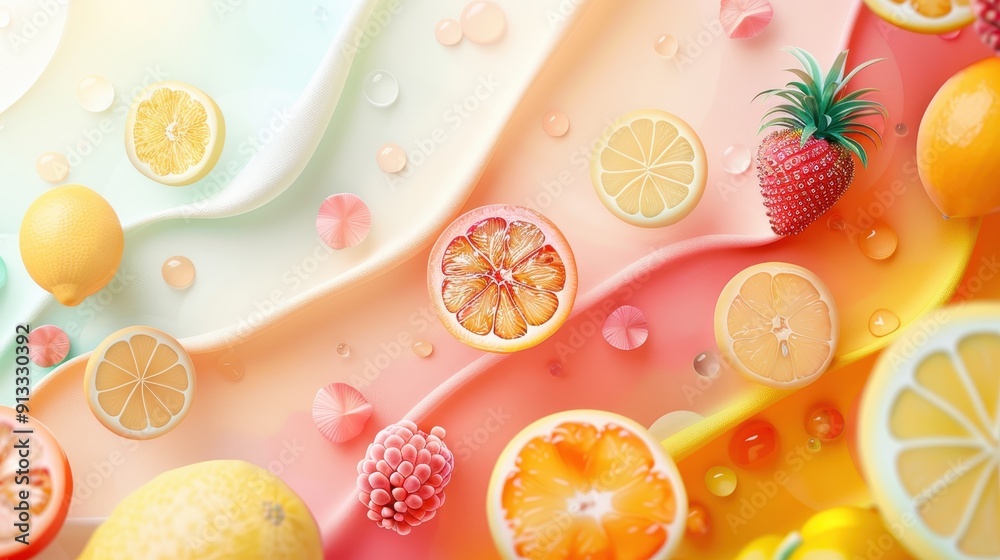 A Colorful Arrangement of Citrus Fruits and a Strawberry with Pink Accents on a Wavy Surface A Colorful Arrangement of Citrus Fruits and a Strawberry with Pink Accents on a Wavy Surface