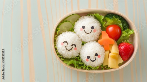 Happy Lunchtime: A delightful bento box brimming with joy, featuring adorable rice balls with smiley faces, fresh vegetables, and a sweet strawberry. Perfect for lunch, snack, or a fun mealtime photo.