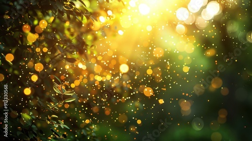 Golden Lights and Green Leaves Blurred Background