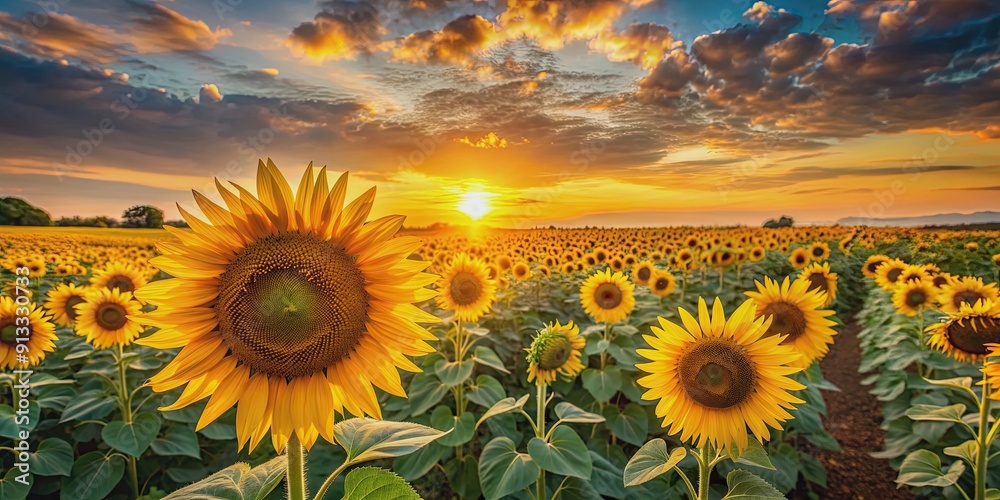 Fototapeta premium Vibrant sunflower field at sunset with golden hues in the background, Sunflower, field, sunset, golden, vibrant, nature, agriculture