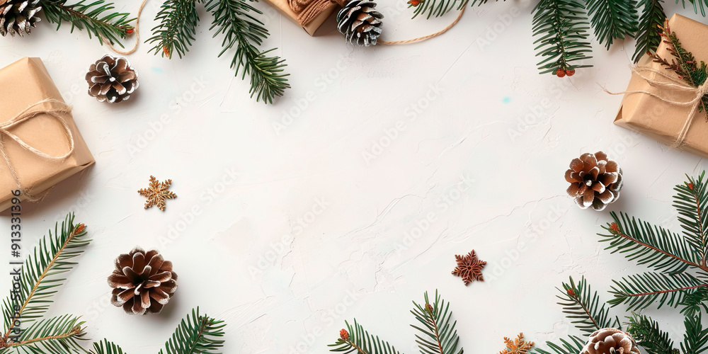 A white background with a Christmas tree and pine cones A white background with a Christmas tree and pine cones