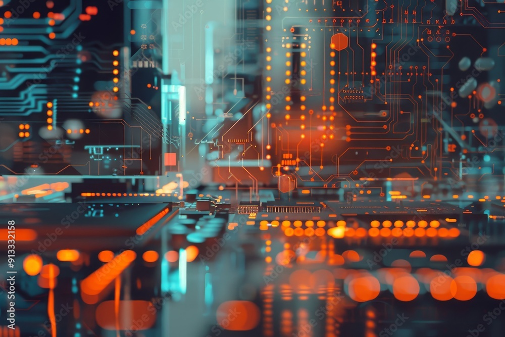 Fototapeta premium Microchip superimposed on computer screen for a modern double exposure tech theme