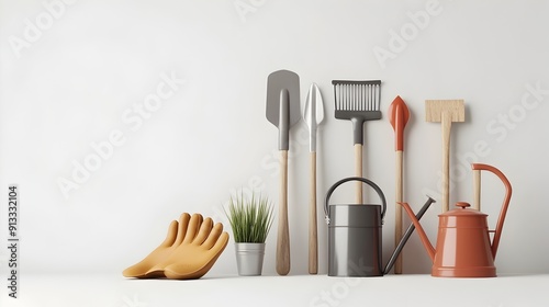 Harmonious Arrangement of Assorted Gardening Tools in Clean,Minimalist 3D Rendering