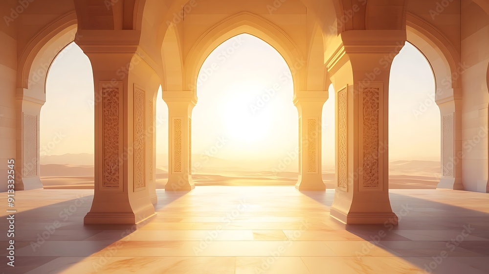 Ramadan Kareem background, with indoor mosque, miner, lantern and Arabic patterns.