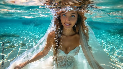 beautiful long haired bride woman swimming at pool