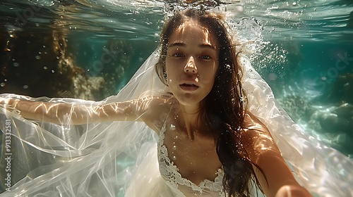 beautiful long haired bride woman swimming at pool
