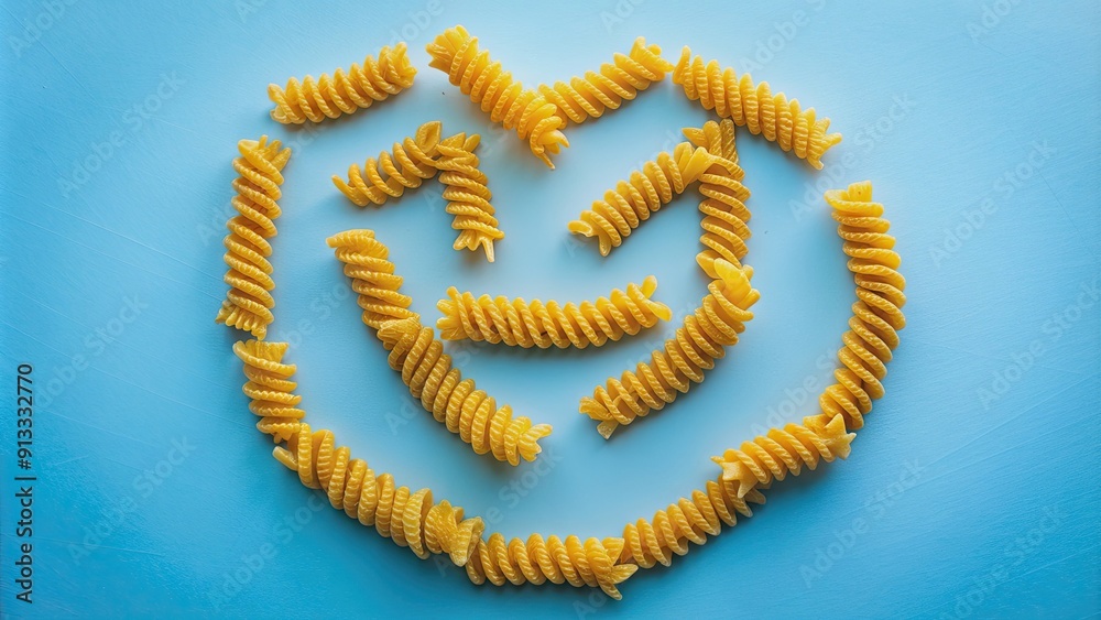 Smiley face crafted from fusilli pasta on studio blue background top camera view , pasta, smiley face, craft, food art Smiley face crafted from fusilli pasta on studio blue background top camera view , pasta, smiley face, craft, food art