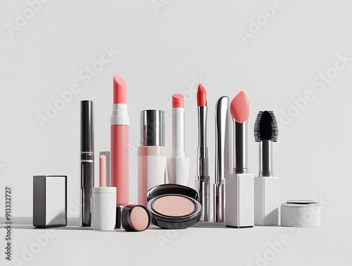 Minimalist Cosmetic Arrangement with Lipsticks,Mascaras and Brushes on Plain Background