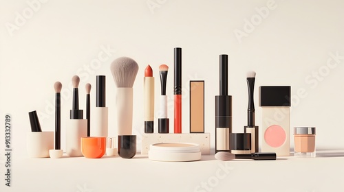 Neatly Organized Cosmetic Collection with Diverse Makeup Items on Plain Backdrop