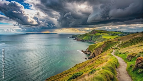 Cloudy landscape of Howth Cliffs Walk overlooking the Ireland coastline and North Sea, Howth, Cliffs, Dublin, Ireland photo