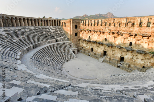 Roman Theatre of Aspendos : Aspendos Ancient City. Aspendos acropolis city ruins, cisterns, aqueducts and old temple. Aspendos Antalya Turkey. turkiye