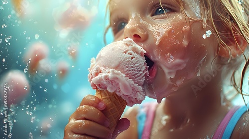 Sweet Summer Bliss: A young girl experiences pure joy as she devours a delicious ice cream cone, her face smeared with delight amidst a backdrop of sparkling water droplets. 
