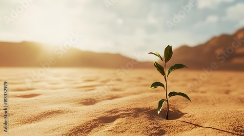 A Single Sprout in the Vastness: A solitary plant struggles for life in a barren desert landscape, bathed in the golden glow of the setting sun, symbolizing resilience and hope in the face of adversit photo