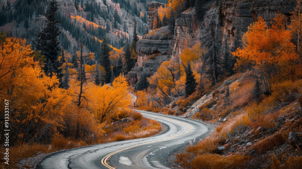 Fototapeta premium Winding road with bright autumn leaves in the rocky mountains generative ai
