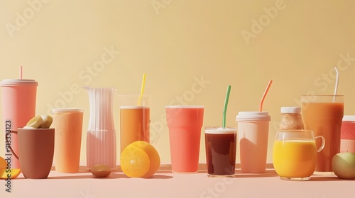 Diverse and Vibrant Beverage Collection Showcased in Minimalist 3D Rendering