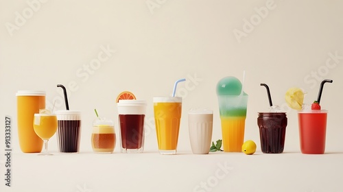 Diverse and Vibrant Beverage Collection in Minimalist 3D Arrangement
